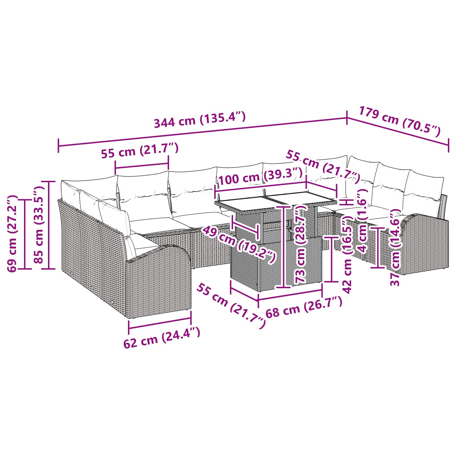 vidaXL Tuin Sofa Set met opslag met kussen 11 pcs Bruin poly rattan