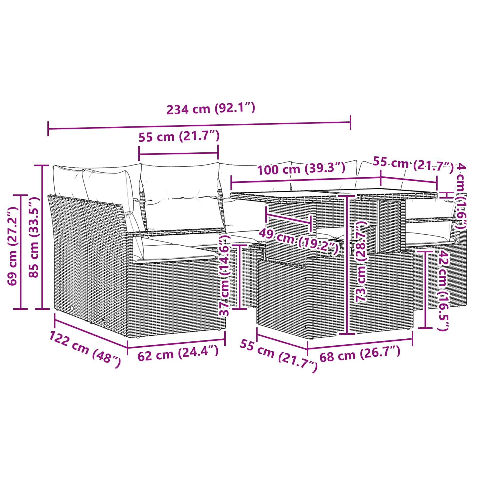 vidaXL Tuin Sofa Set met kussen 7 pcs Bruin en rood poly rattan