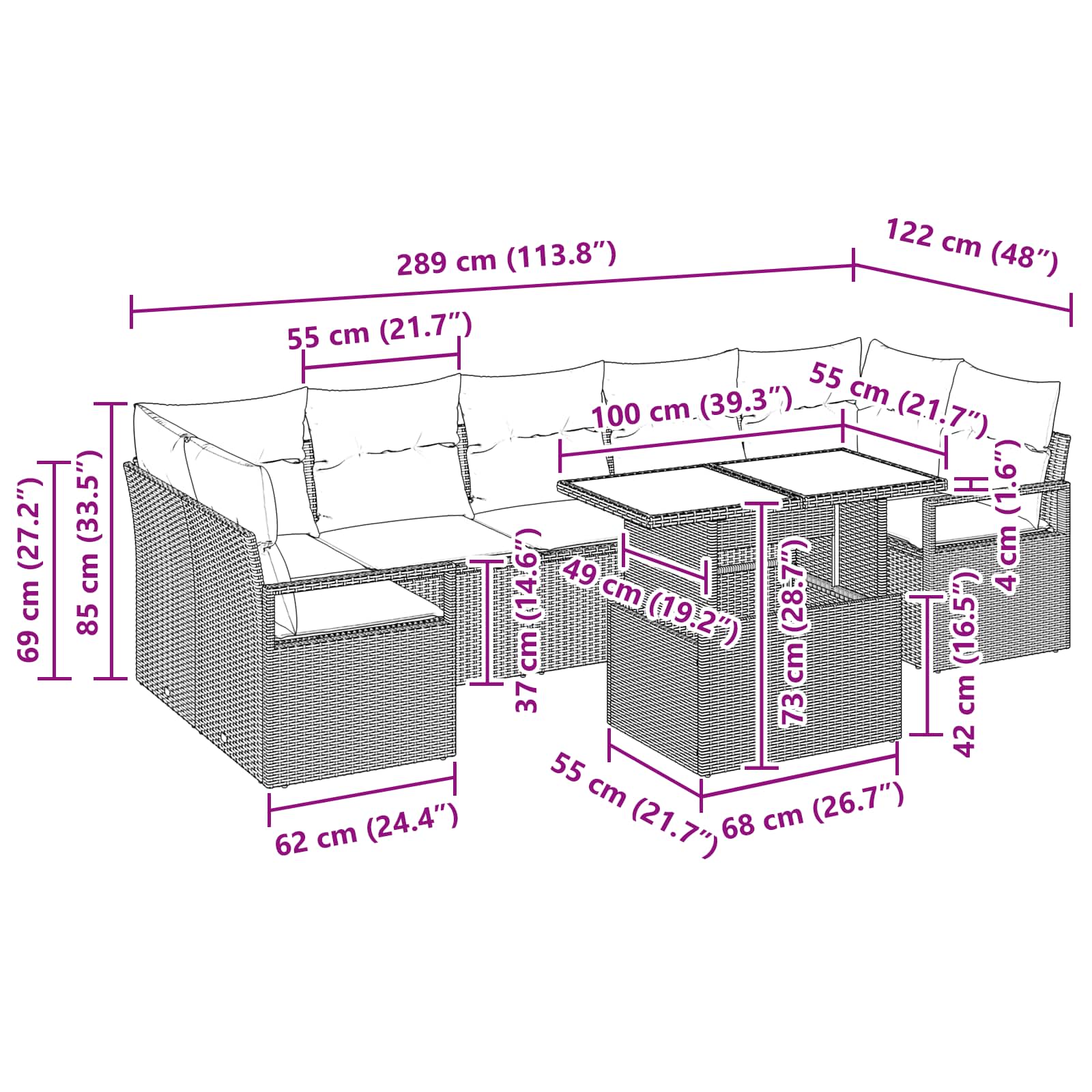 vidaXL Tuin Sofa Set met kussen 8 pcs Bruin en Rood poly rattan