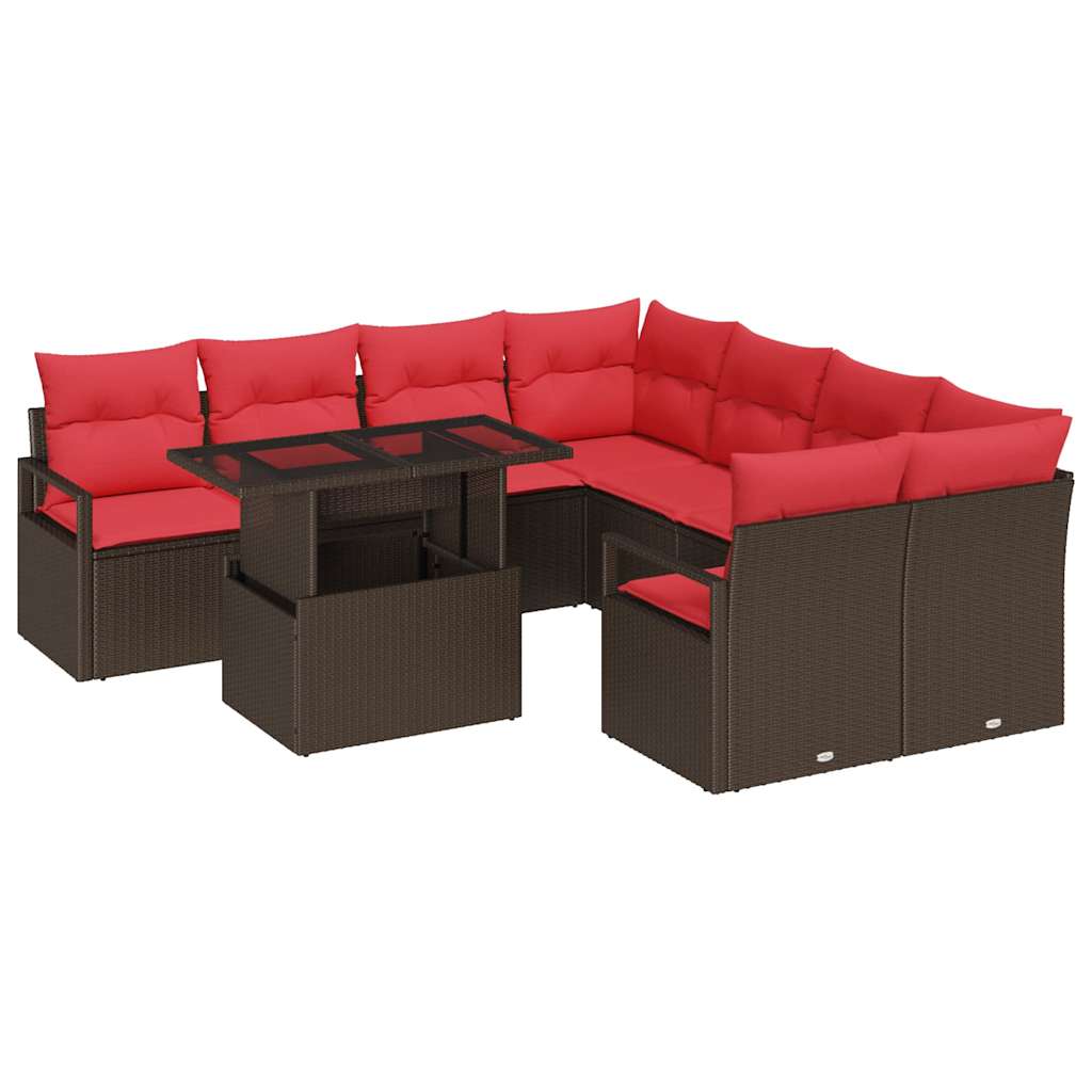 vidaXL Tuin Sofa Set met opslag 9 pcs Bruin en Rood poly rattan