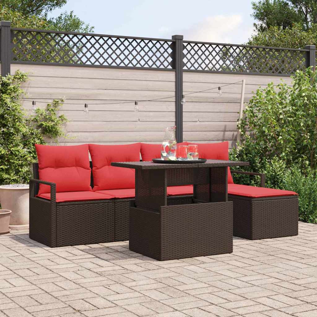 vidaXL Tuin Sofa Set met opslag 6 pcs Bruin en Rood poly rattan