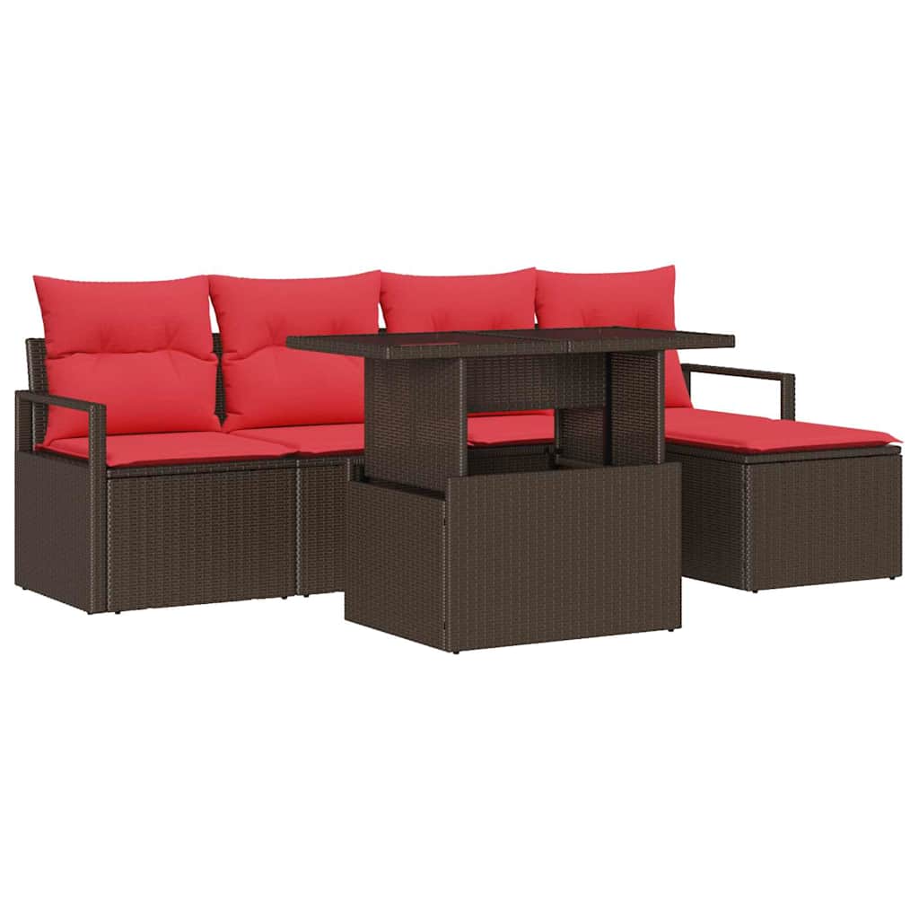 vidaXL Tuin Sofa Set met opslag 6 pcs Bruin en Rood poly rattan