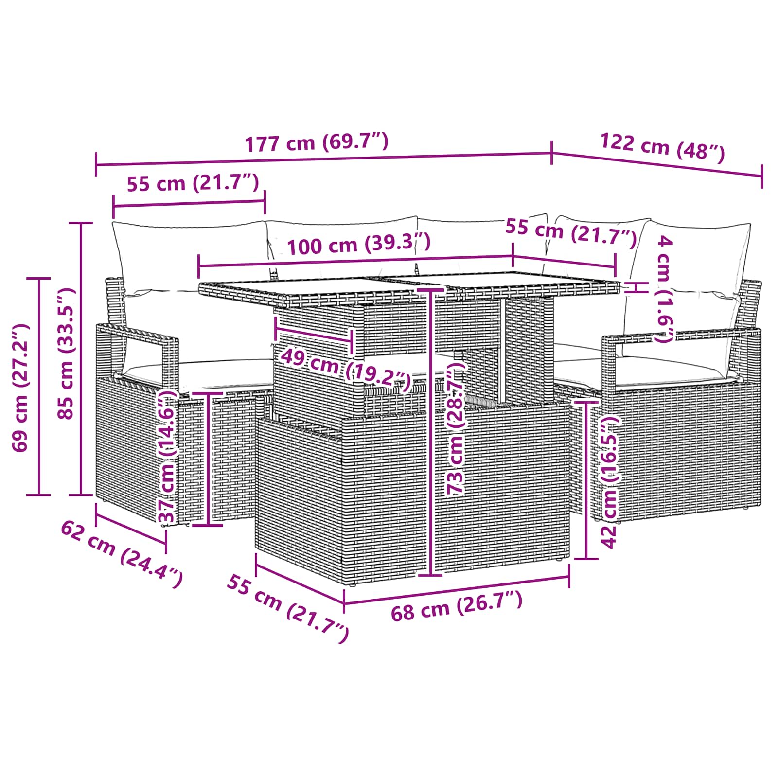 vidaXL Tuin Sofa Set met opslag 5 pcs Bruin en Rood poly rattan