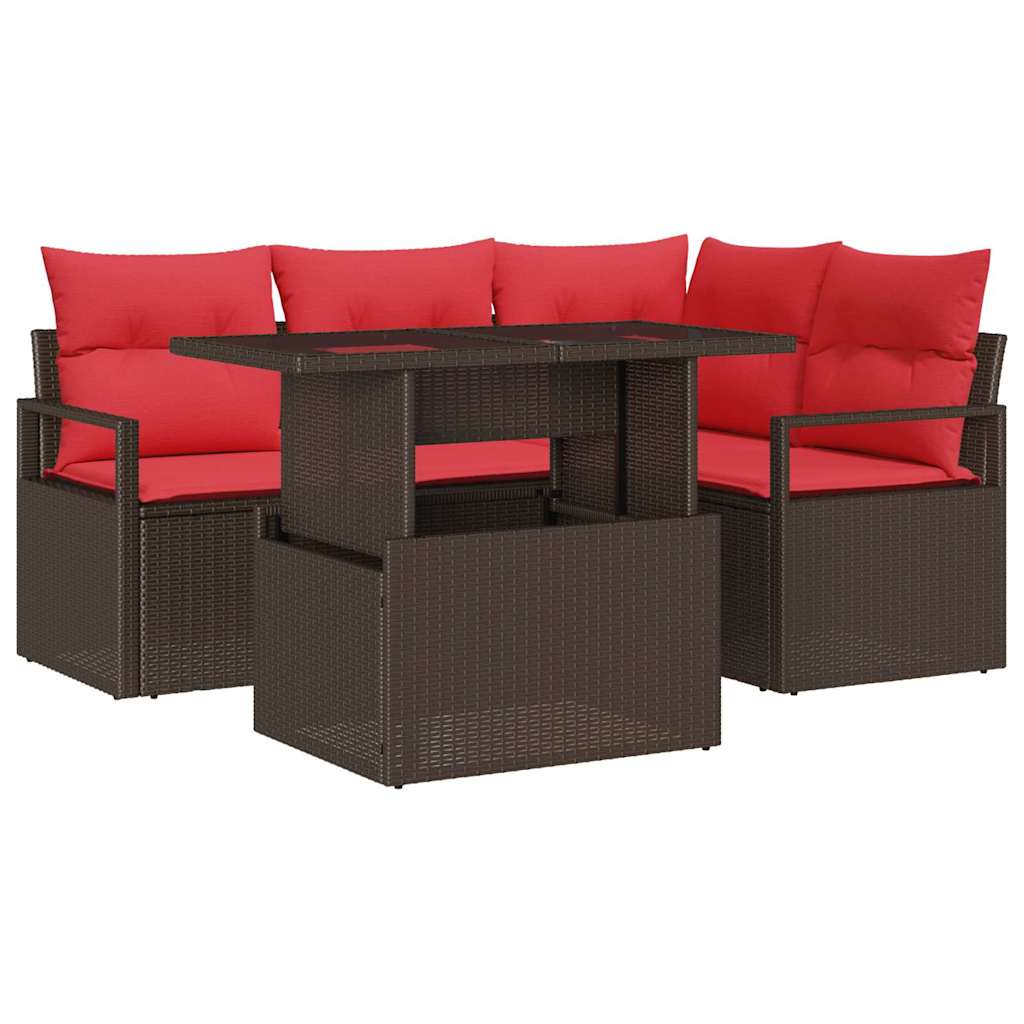 vidaXL Tuin Sofa Set met opslag 5 pcs Bruin en Rood poly rattan