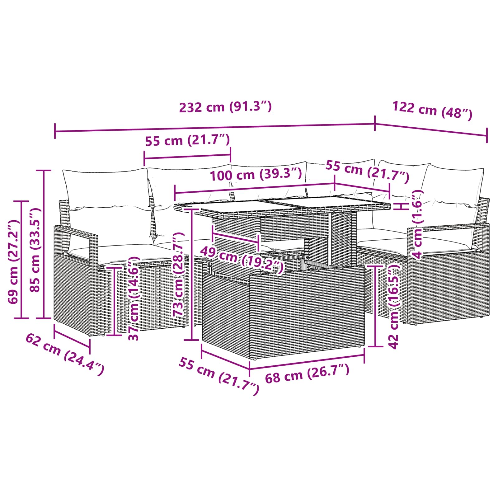 vidaXL Tuin Sofa Set met kussen 6 pcs Bruin en Rood poly rattan
