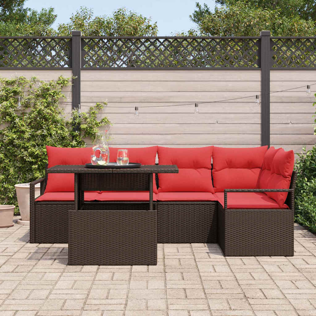 vidaXL Tuin Sofa Set met kussen 6 pcs Bruin en Rood poly rattan