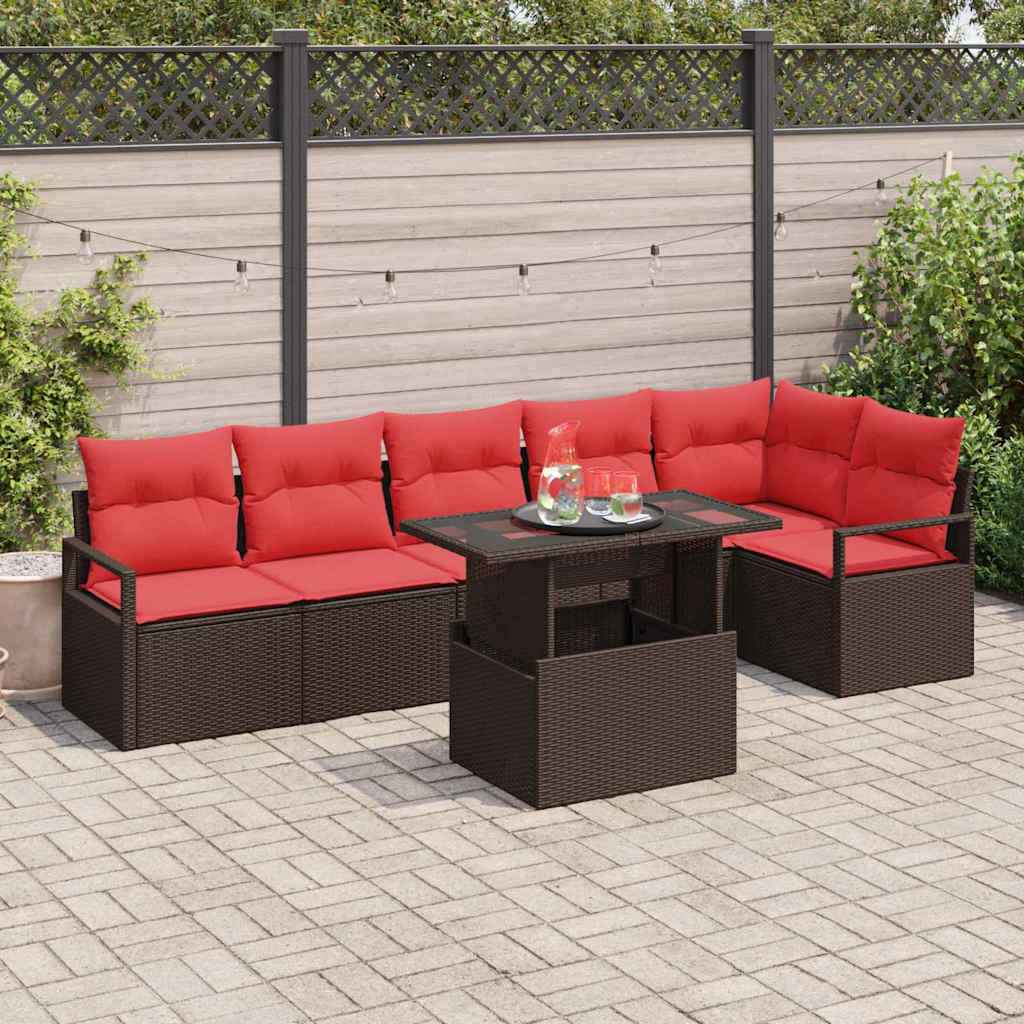 vidaXL Tuin Sofa Set met opslag 7 pcs Bruin en Rood poly rattan