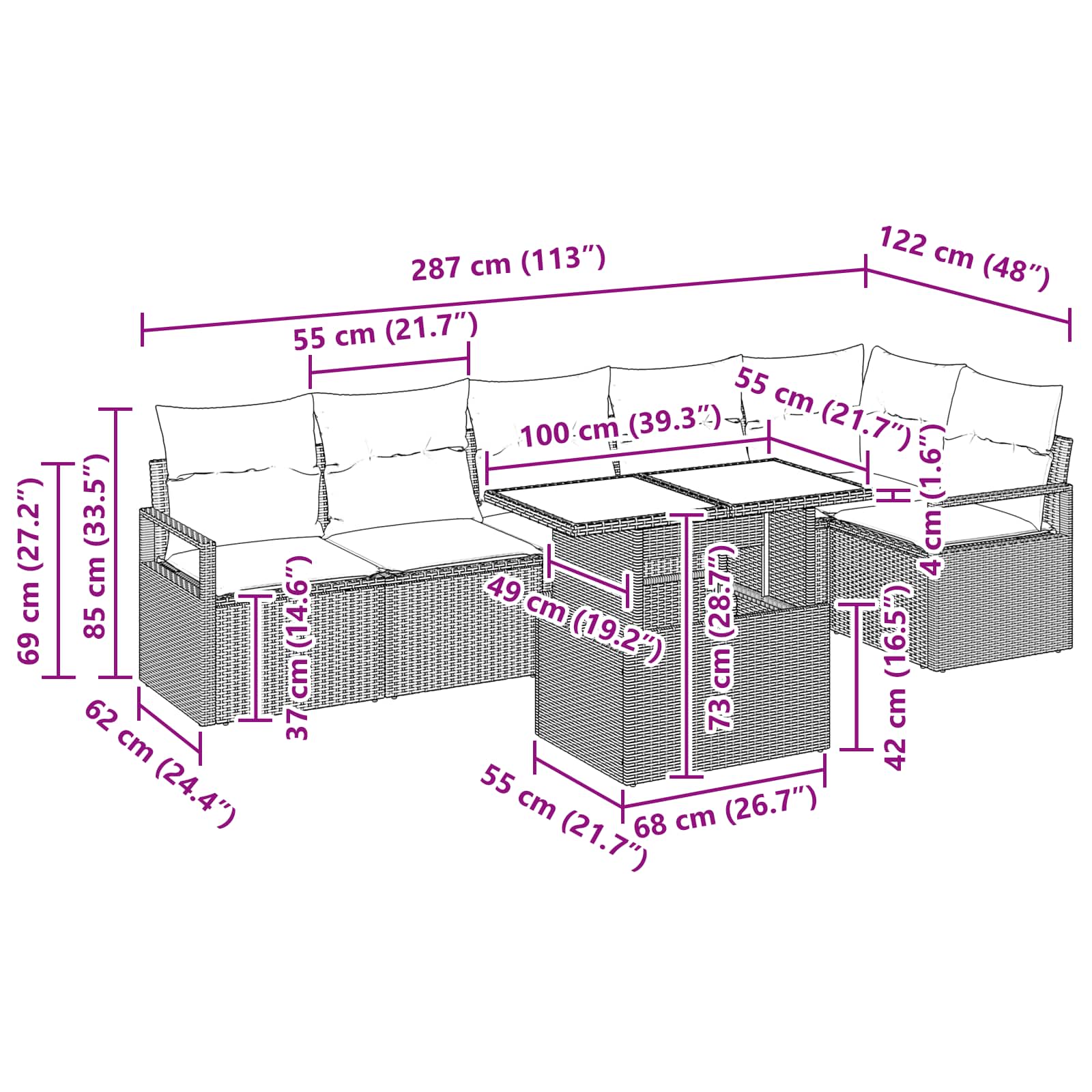 vidaXL Tuin Sofa Set met opslag 7 pcs Bruin en Rood poly rattan