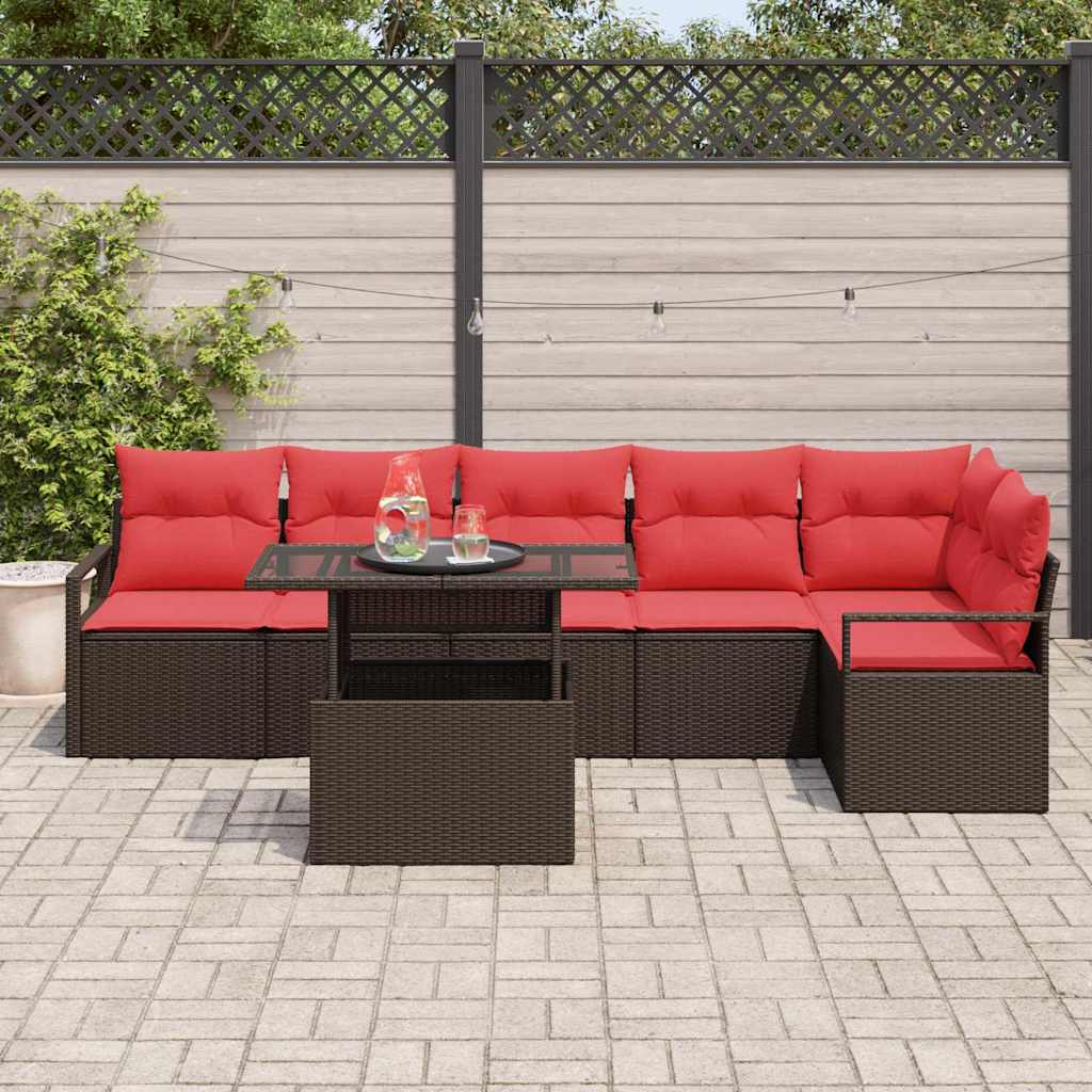 vidaXL Tuin Sofa Set met opslag 7 pcs Bruin en Rood poly rattan