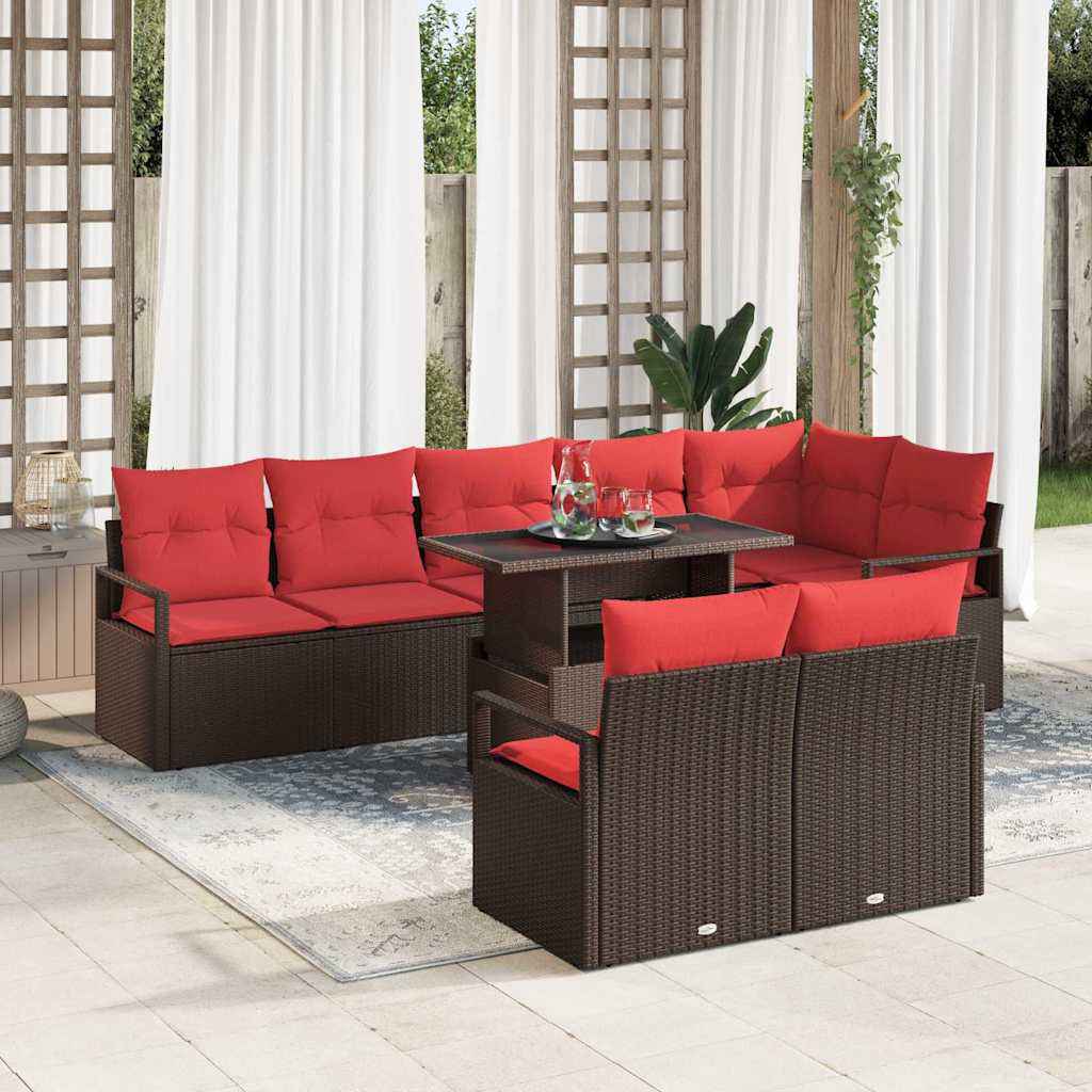 vidaXL Tuin Sofa Set met opslag 9 pcs Bruin en Rood poly rattan
