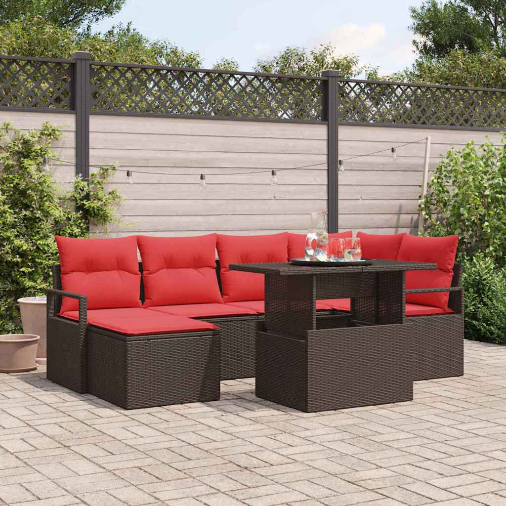 vidaXL Tuin Sofa Set met opslag 7 pcs Bruin en Rood Poly riet