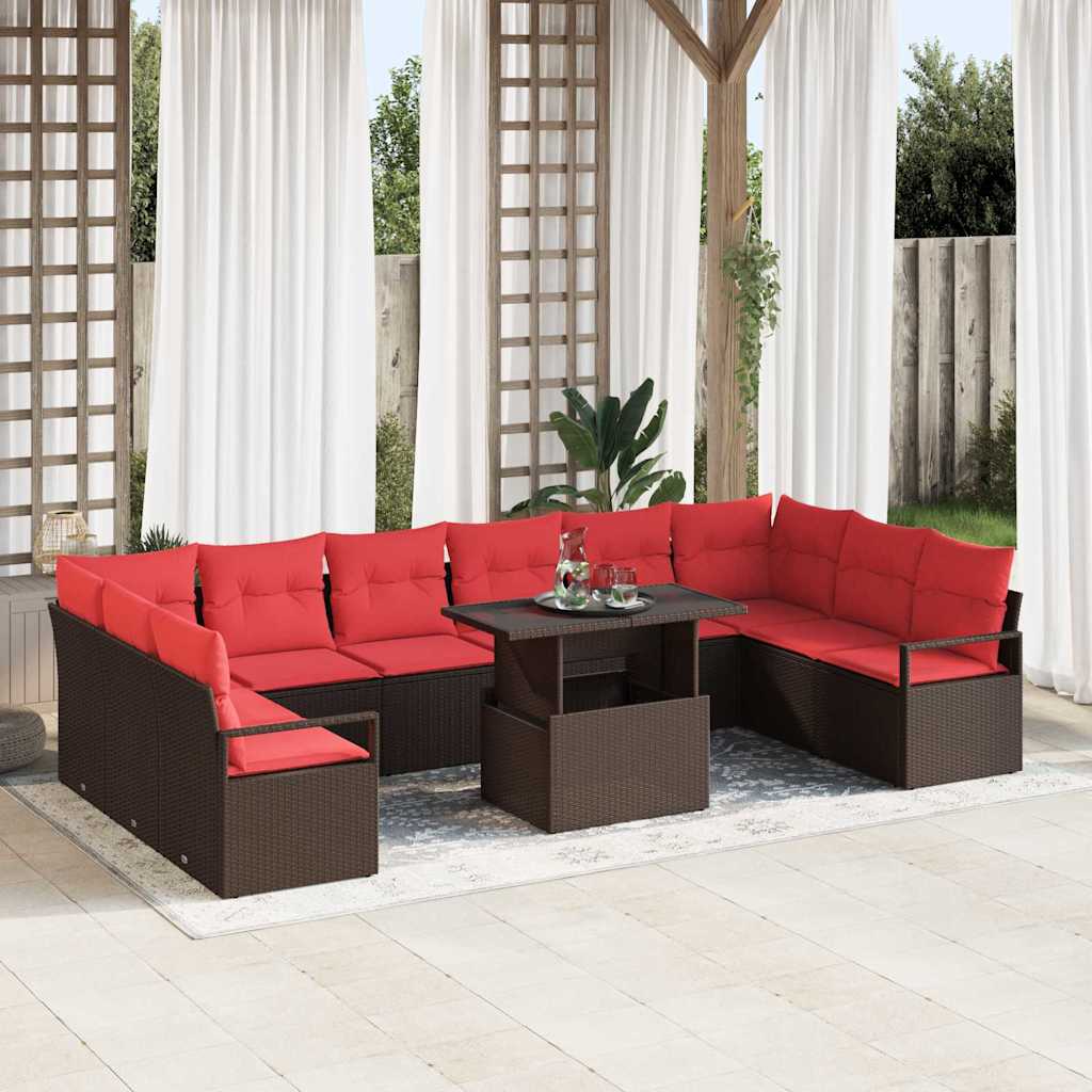 vidaXL Tuin Sofa Set met kussen 11 pcs Bruin en Rood poly rattan