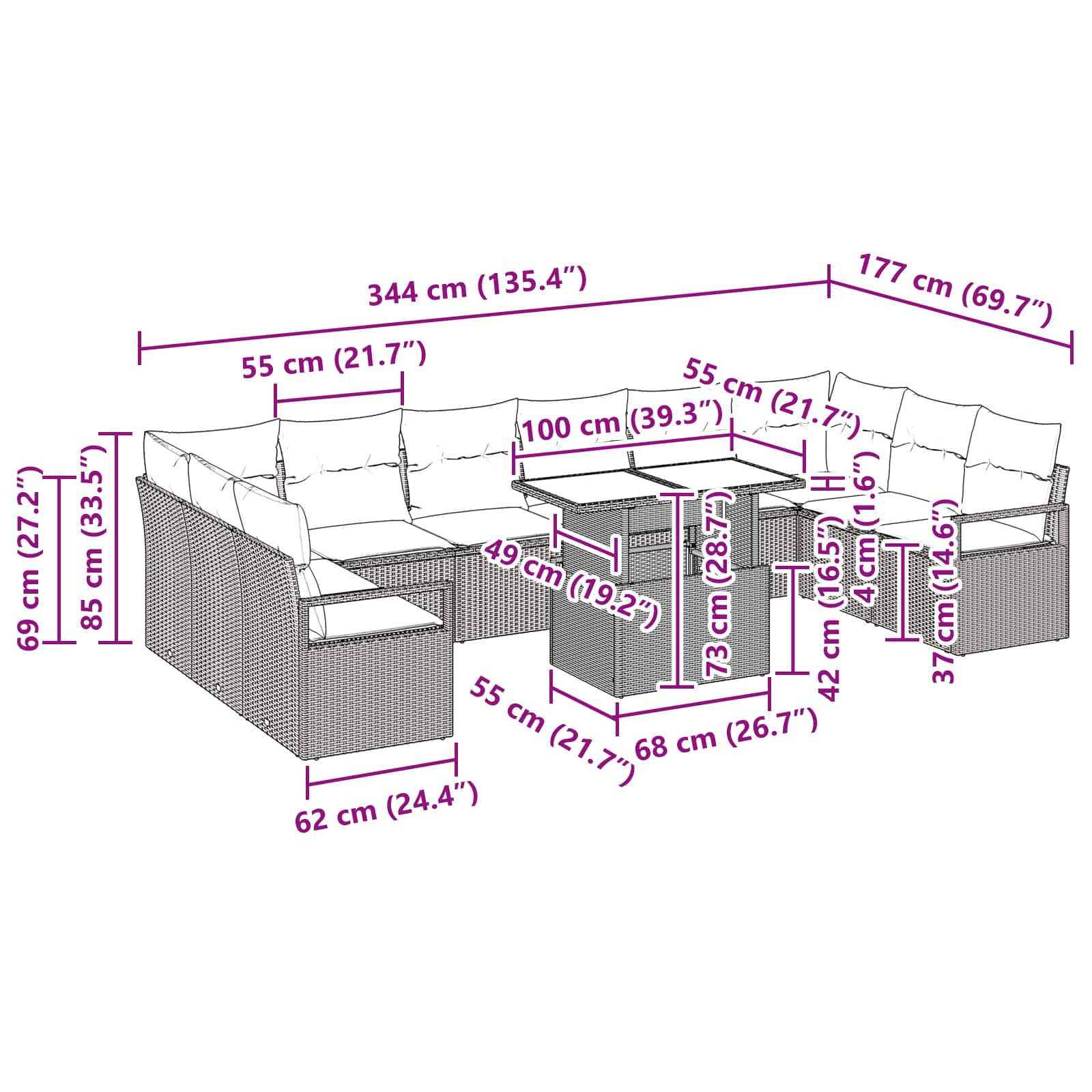 vidaXL Tuin Sofa Set met kussen 11 pcs Bruin en Rood poly rattan