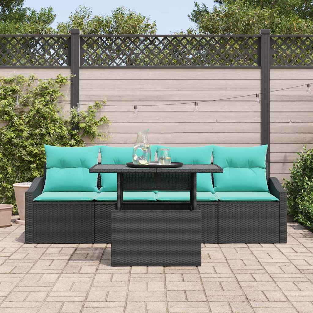 vidaXL Tuin Sofa Set met opslag 5 pcs Zwart en Blauw Poly riet