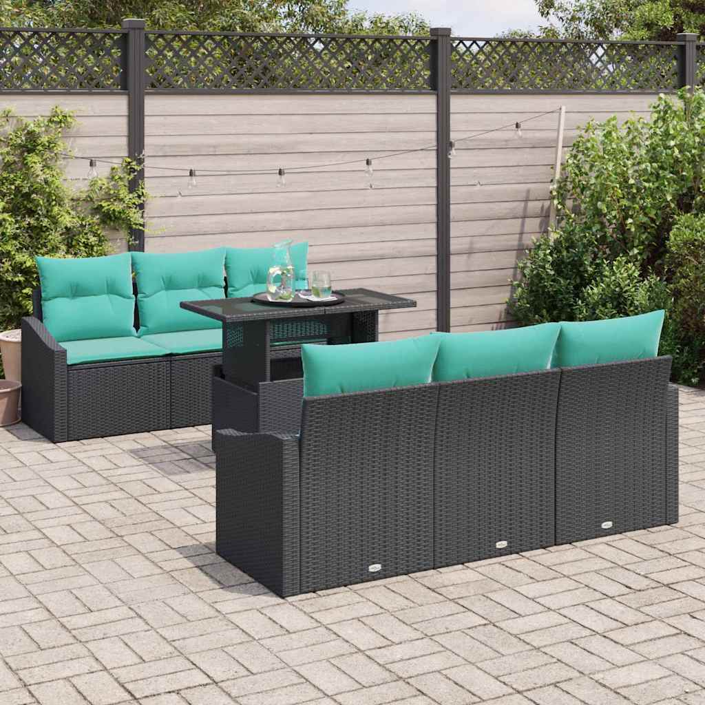 vidaXL Tuin Sofa Set met kussen 7 pcs Zwart en blauw poly rattan