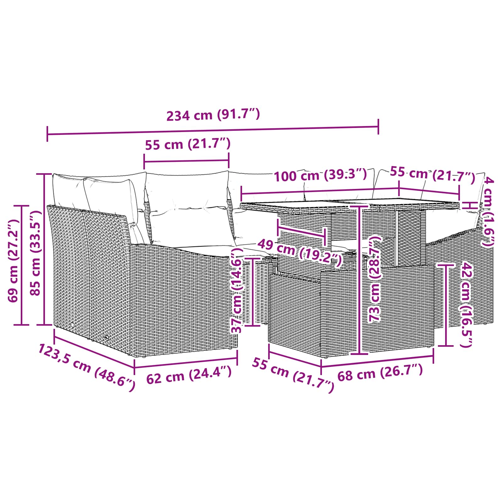 vidaXL Tuin Sofa Set met kussen 7 pcs Zwart en Blauw Poly riet