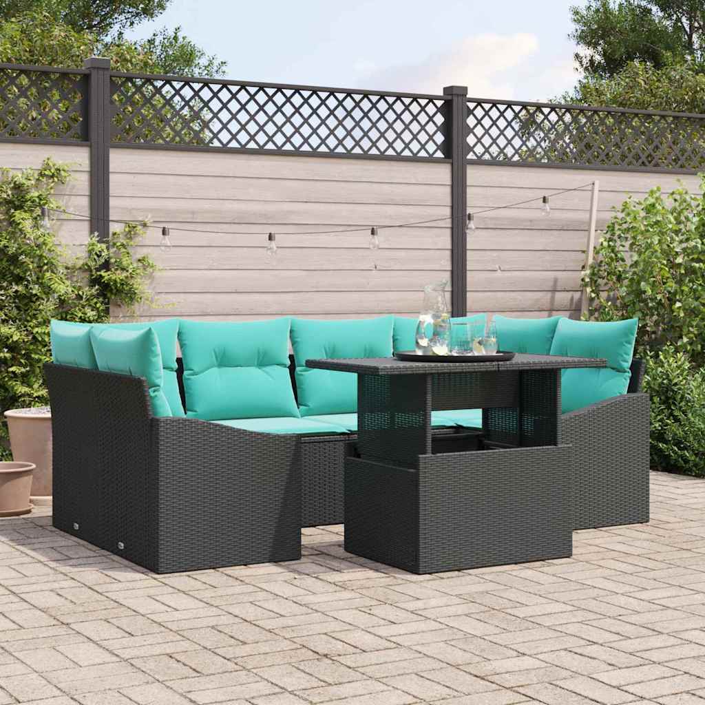 vidaXL Tuin Sofa Set met kussen 7 pcs Zwart en Blauw Poly riet