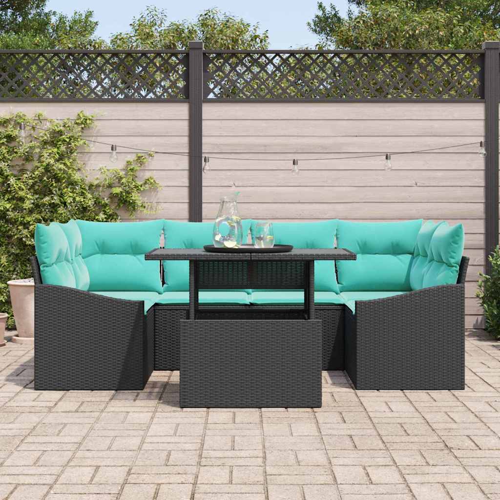 vidaXL Tuin Sofa Set met kussen 7 pcs Zwart en Blauw Poly riet