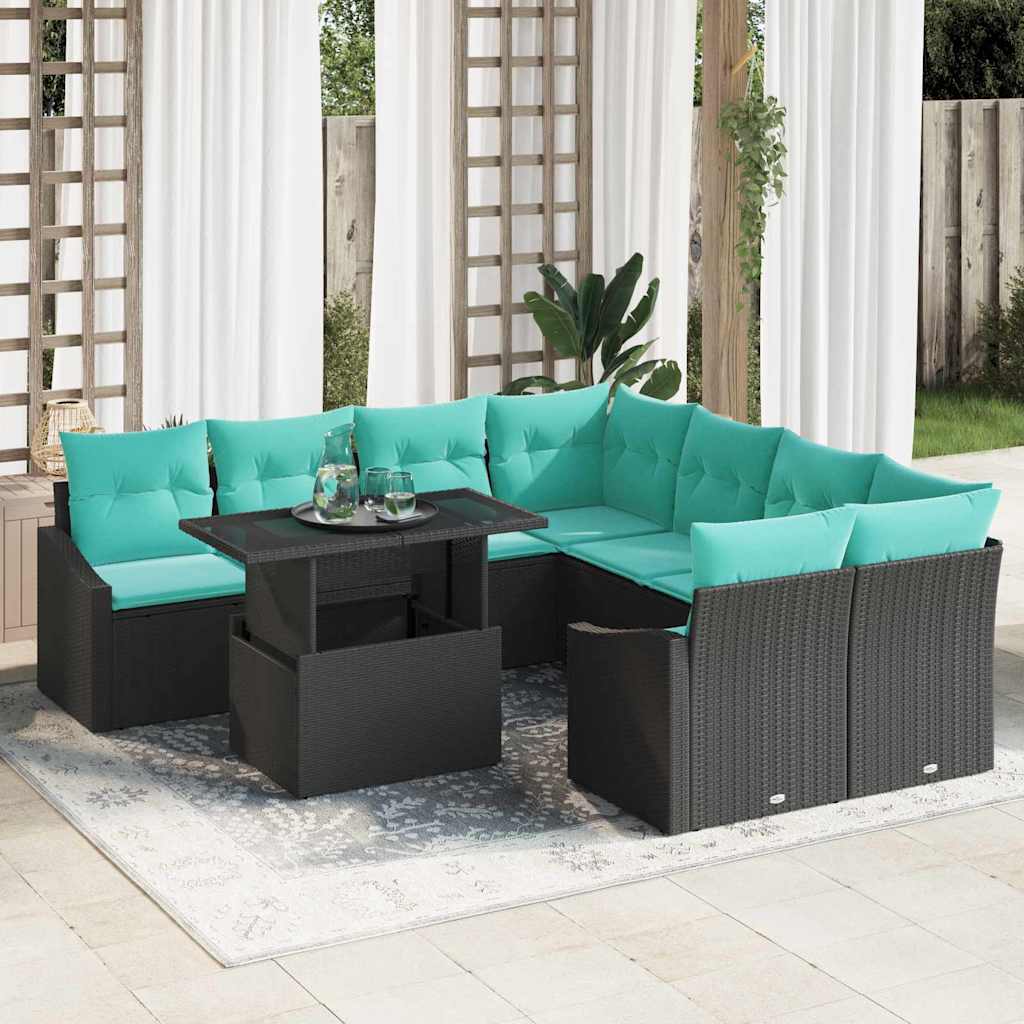 vidaXL Tuin Sofa Set met kussen 9 pcs Zwart en blauw poly rattan