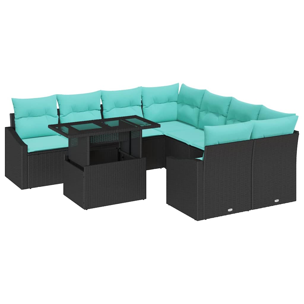 vidaXL Tuin Sofa Set met kussen 9 pcs Zwart en blauw poly rattan