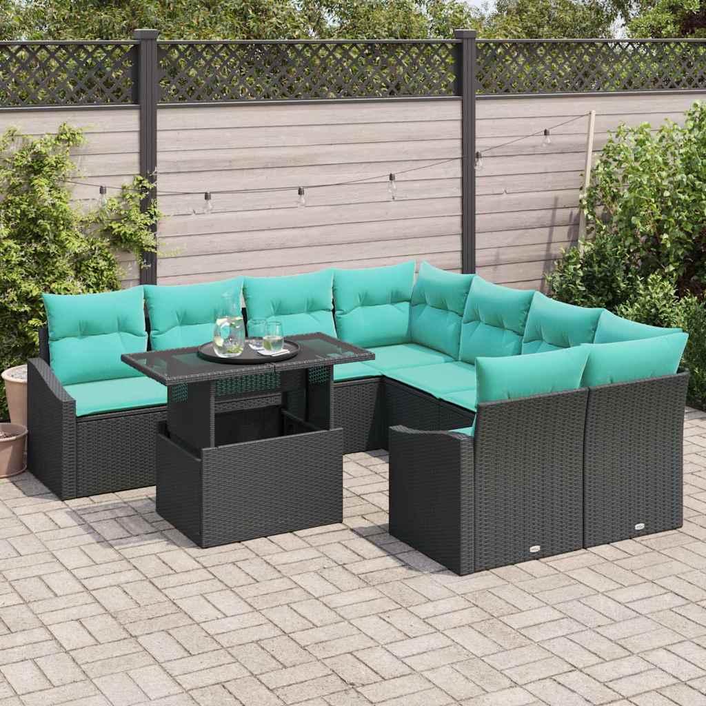 vidaXL Tuin Sofa Set met kussen 9 pcs Zwart en blauw poly rattan