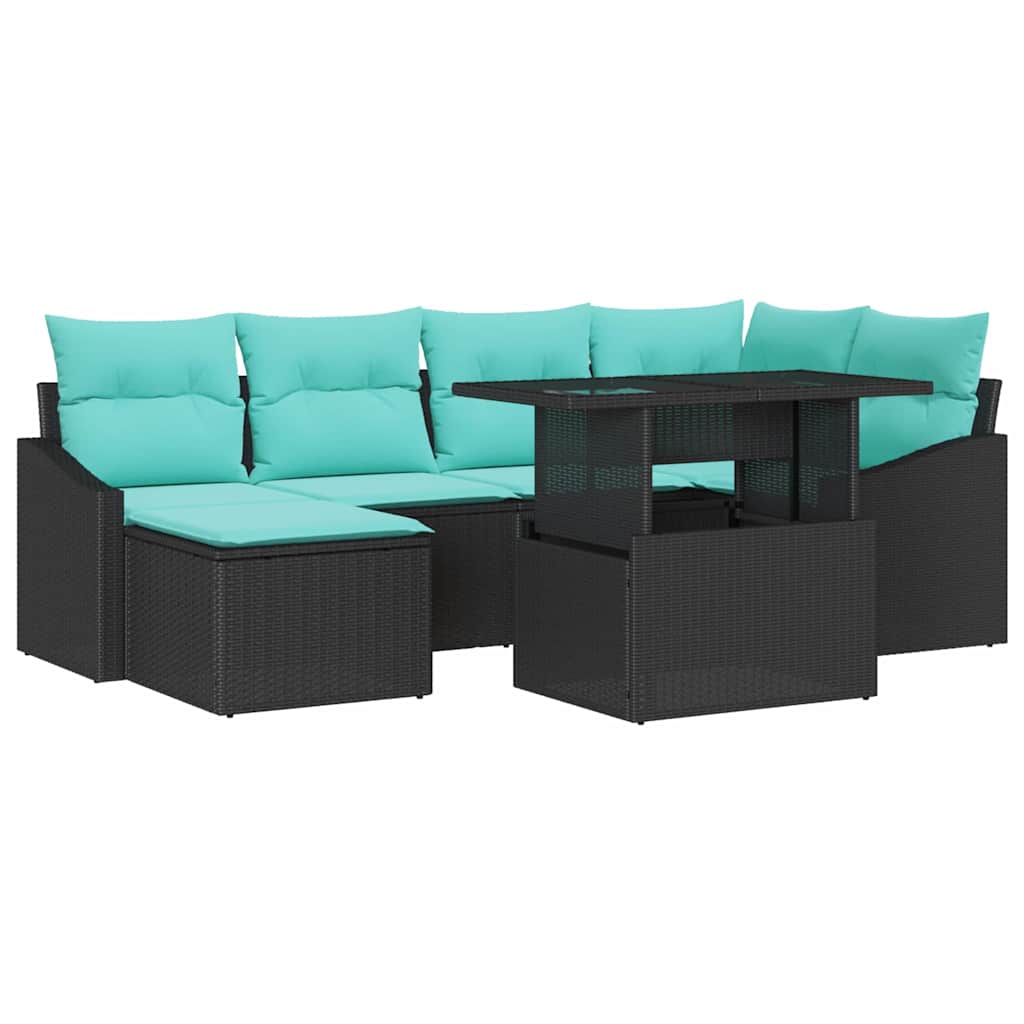 vidaXL Bankstel met kussen met opslag 7 pcs Zwart en Blauw Poly riet