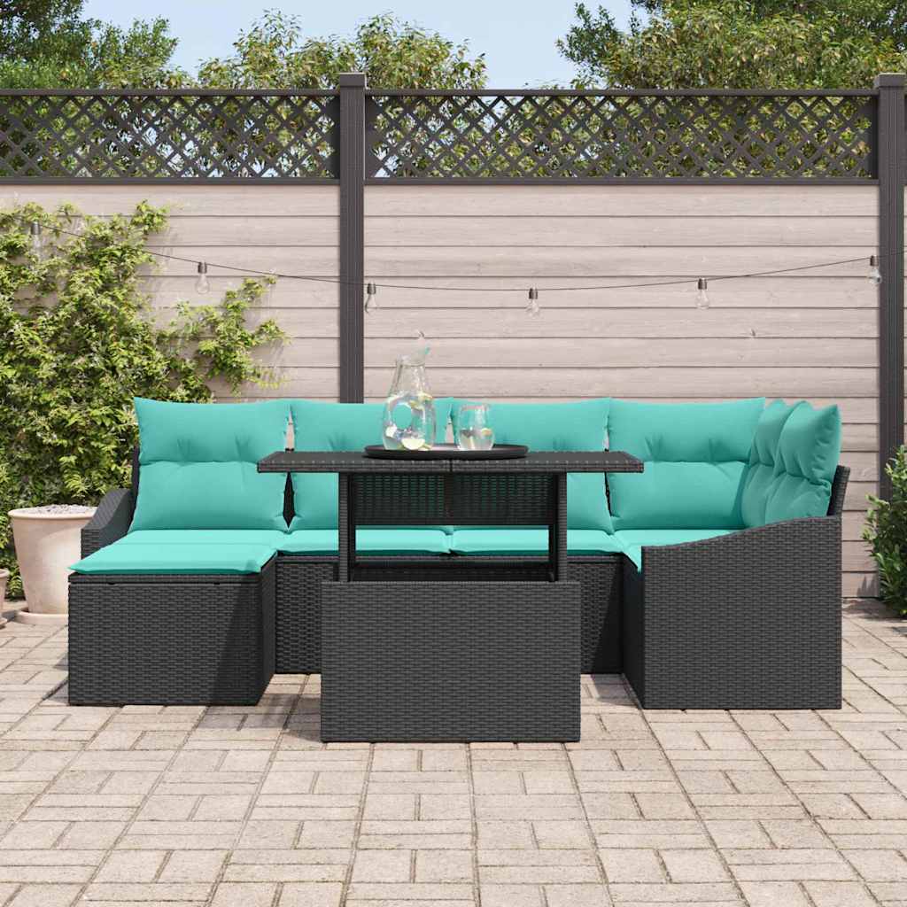 vidaXL Bankstel met kussen met opslag 7 pcs Zwart en Blauw Poly riet