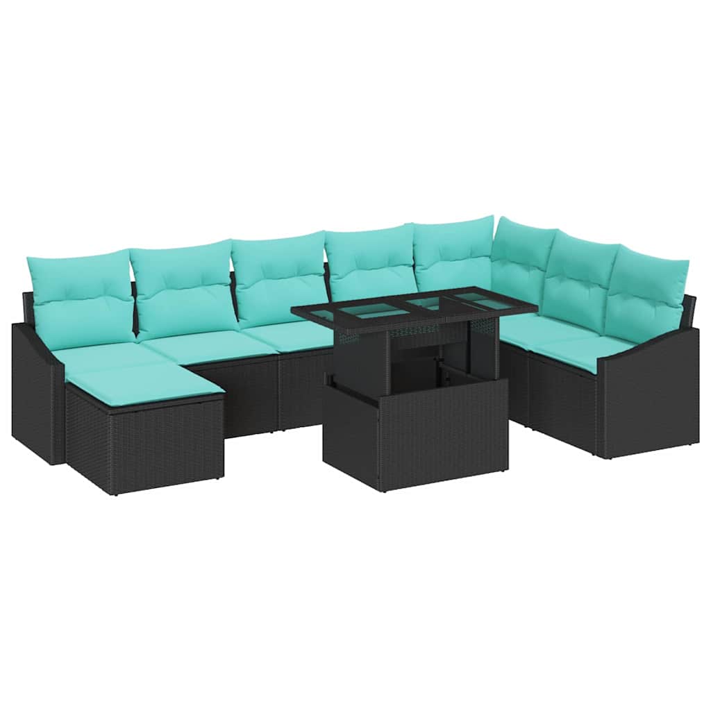 vidaXL Bankstel met kussen met opslag 9 pcs Zwart en Blauw poly rattan