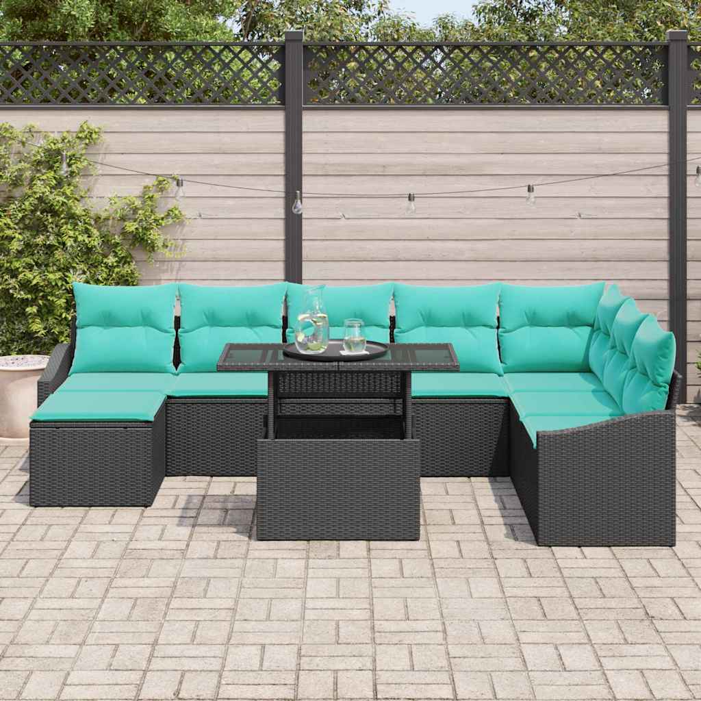 vidaXL Bankstel met kussen met opslag 9 pcs Zwart en Blauw poly rattan