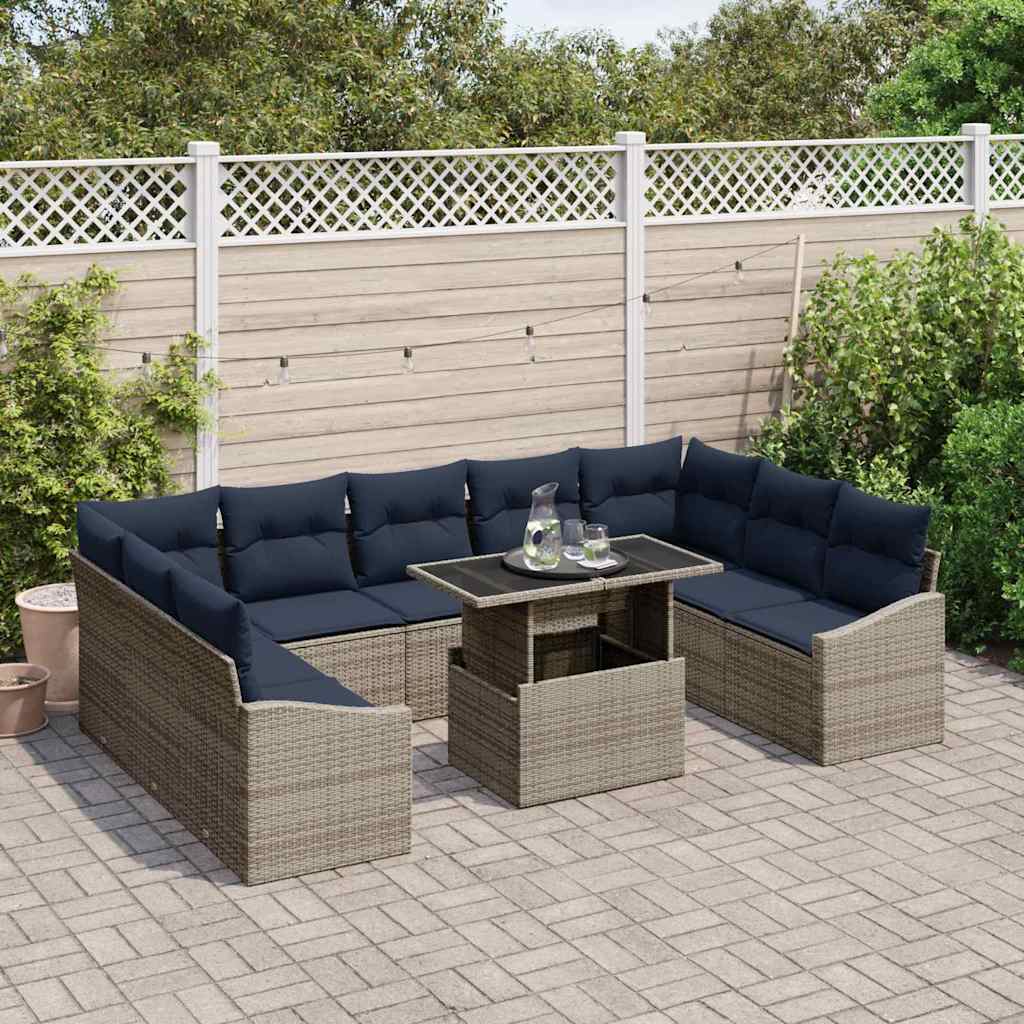 vidaXL Bankstel met kussen 10 pcs Zwart en Blauw poly rattan