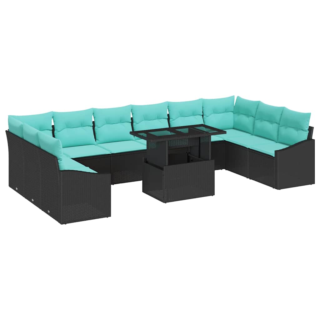 vidaXL Bankstel met kussen 11 pcs Zwart en Blauw poly rattan