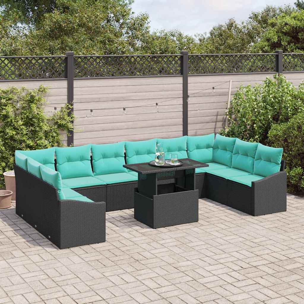 vidaXL Bankstel met kussen 11 pcs Zwart en Blauw poly rattan