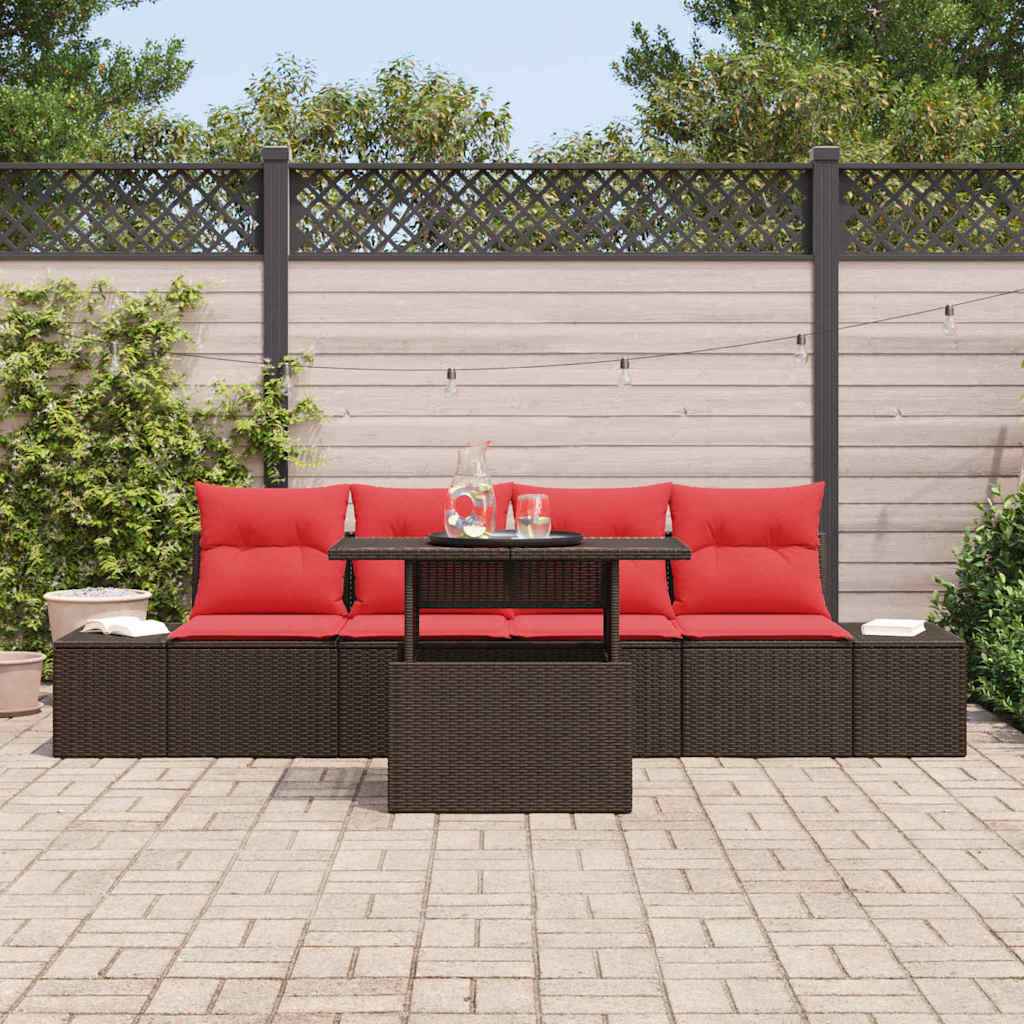 vidaXL Bankstel met kussen 5 pcs Bruin en Rood poly rattan