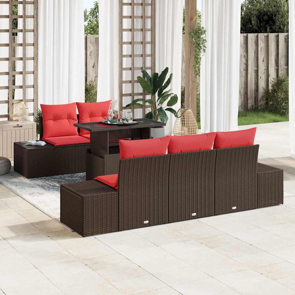 vidaXL Bankstel met kussen 6 pcs Bruin en Rood poly rattan