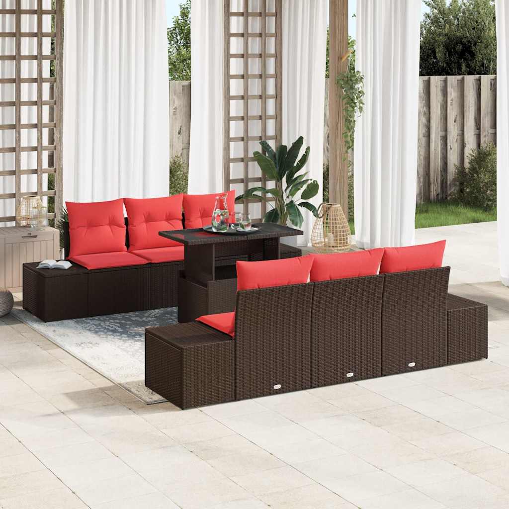 vidaXL Bankstel met kussen 7 pcs Bruin en Rood poly rattan
