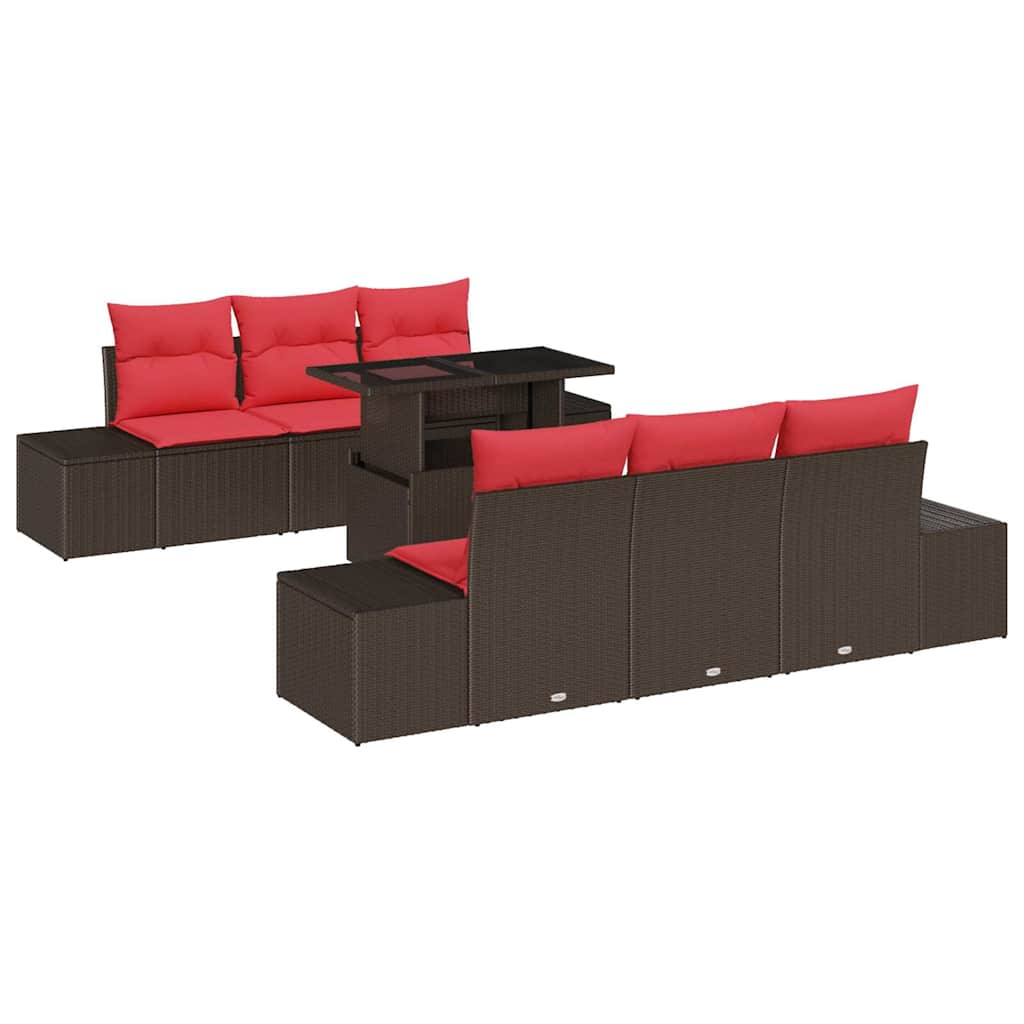 vidaXL Bankstel met kussen 7 pcs Bruin en Rood poly rattan