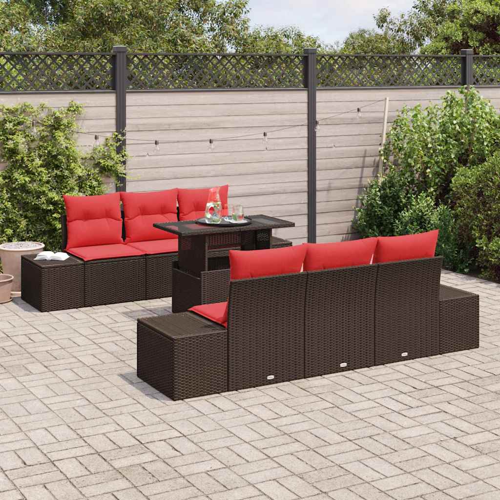 vidaXL Bankstel met kussen 7 pcs Bruin en Rood poly rattan