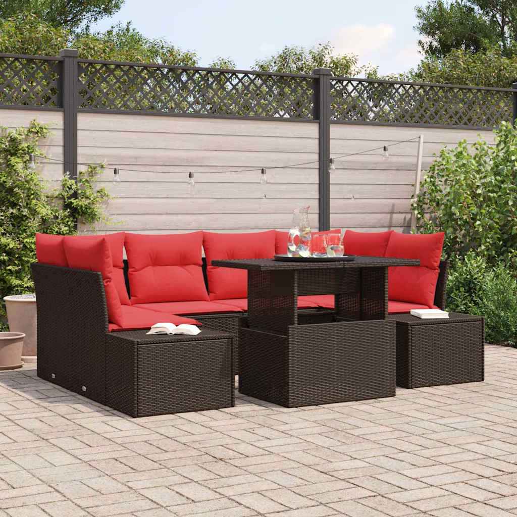 vidaXL Bankstel met kussen 7 pcs Bruin en Rood poly rattan