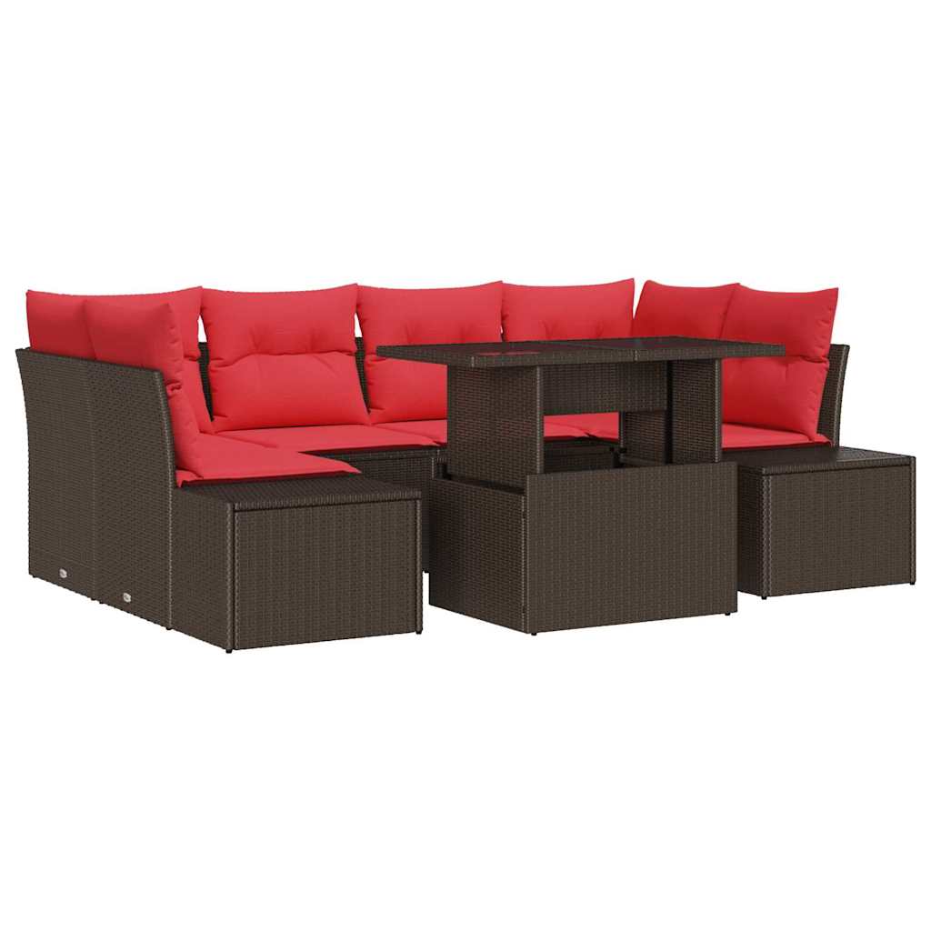 vidaXL Bankstel met kussen 7 pcs Bruin en Rood poly rattan