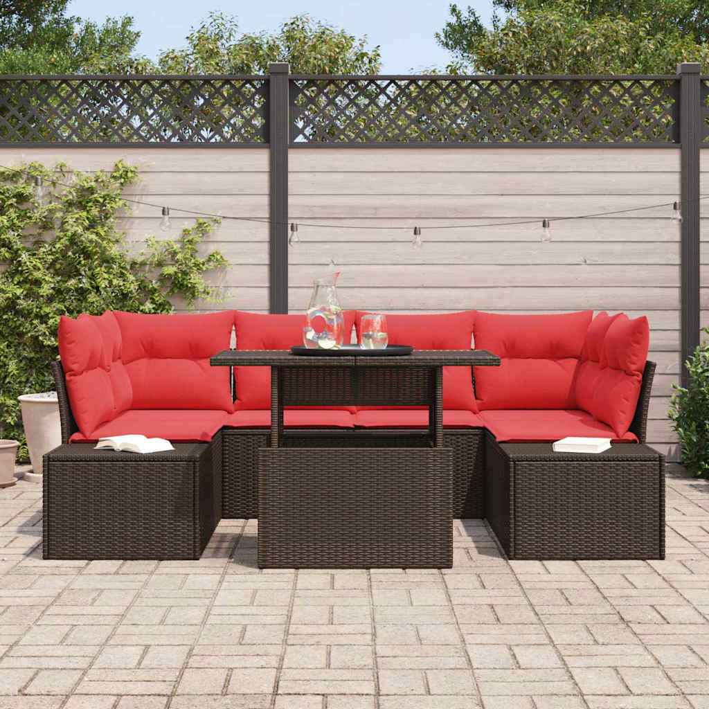 vidaXL Bankstel met kussen 7 pcs Bruin en Rood poly rattan