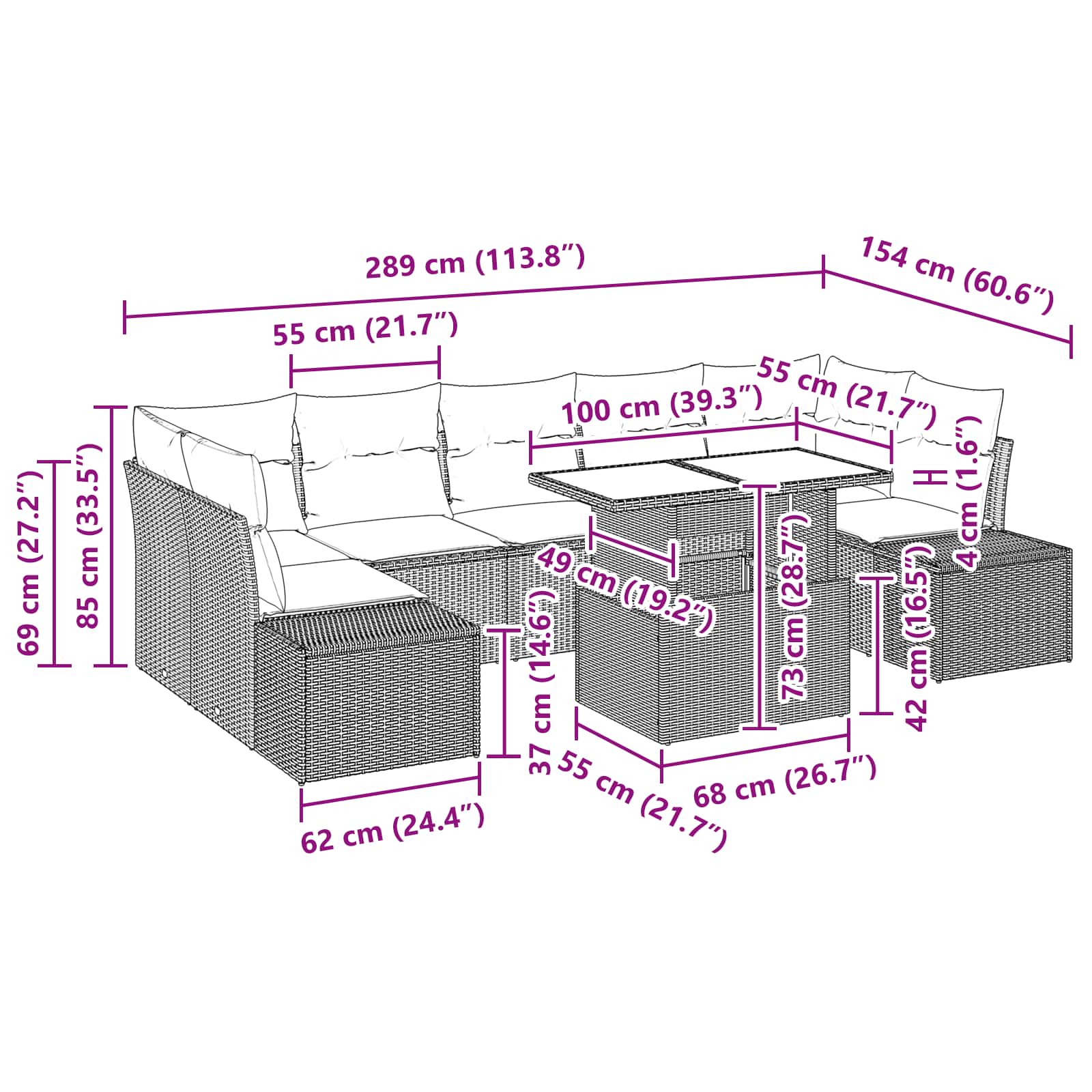 vidaXL Tuin Sofa Set met kussen 8 pcs Bruin en Rood poly rattan