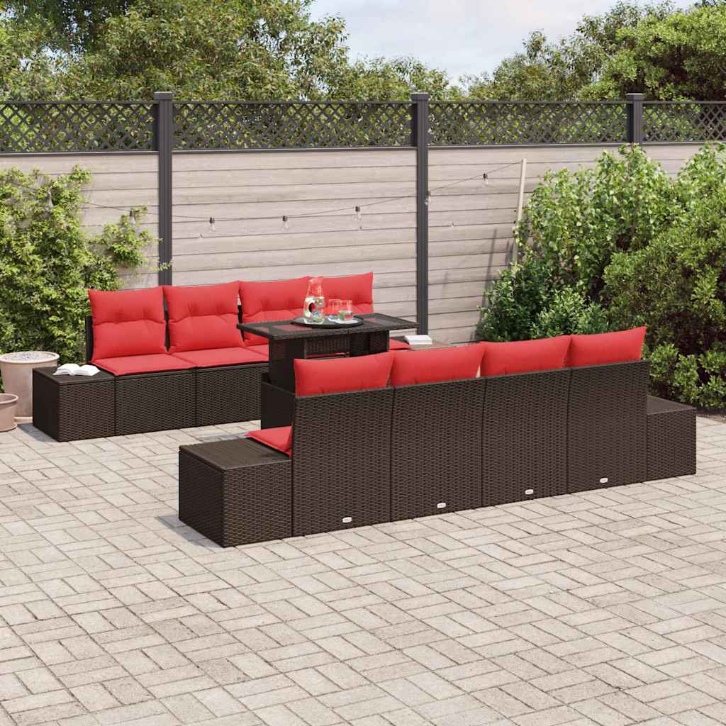 vidaXL Tuin Sofa Set met kussen 9 pcs Bruin en Rood poly rattan