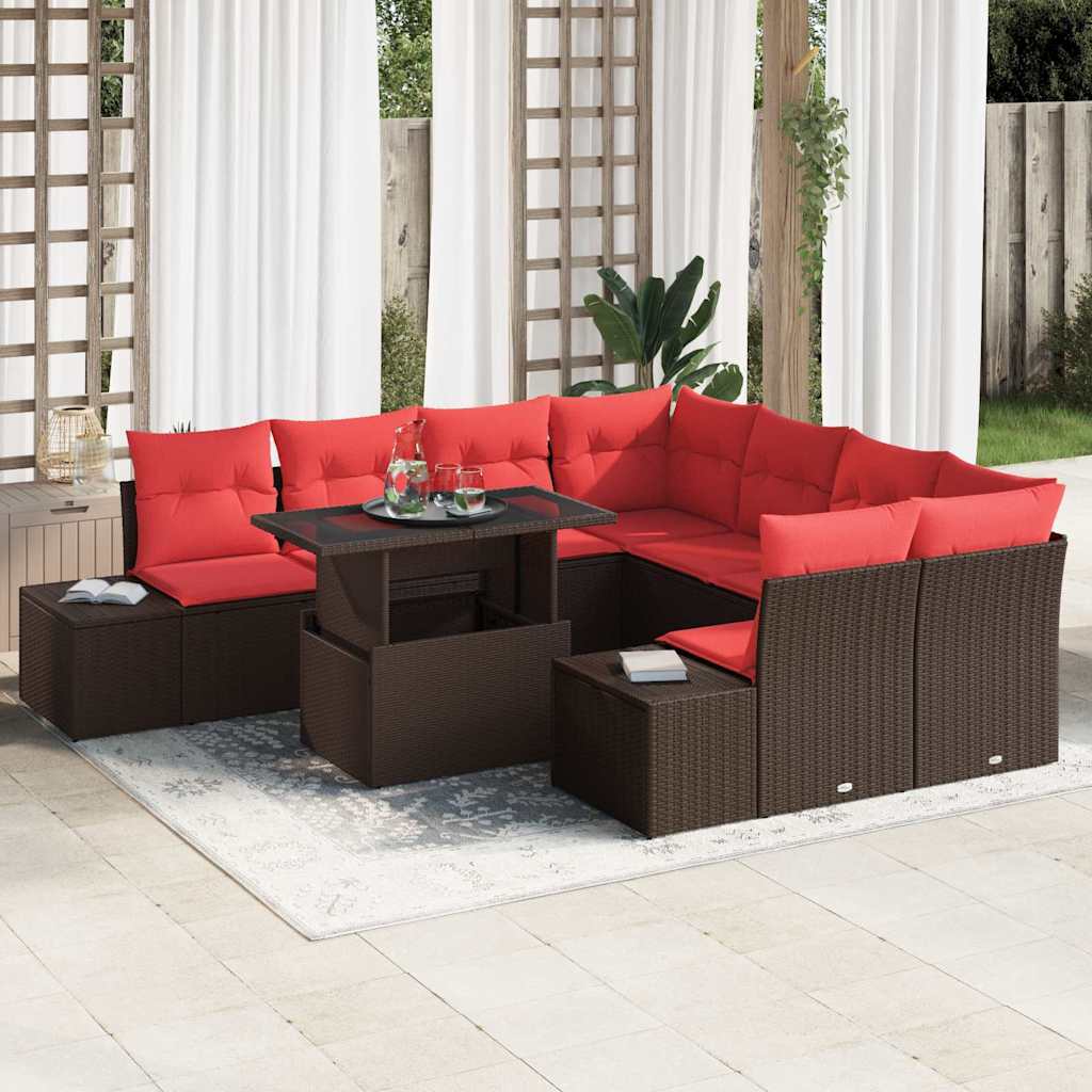 vidaXL Tuin Sofa Set met kussen 9 pcs Bruin en Rood poly rattan