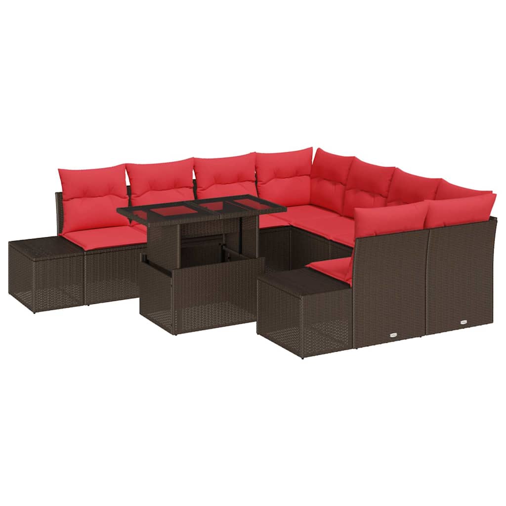 vidaXL Tuin Sofa Set met kussen 9 pcs Bruin en Rood poly rattan