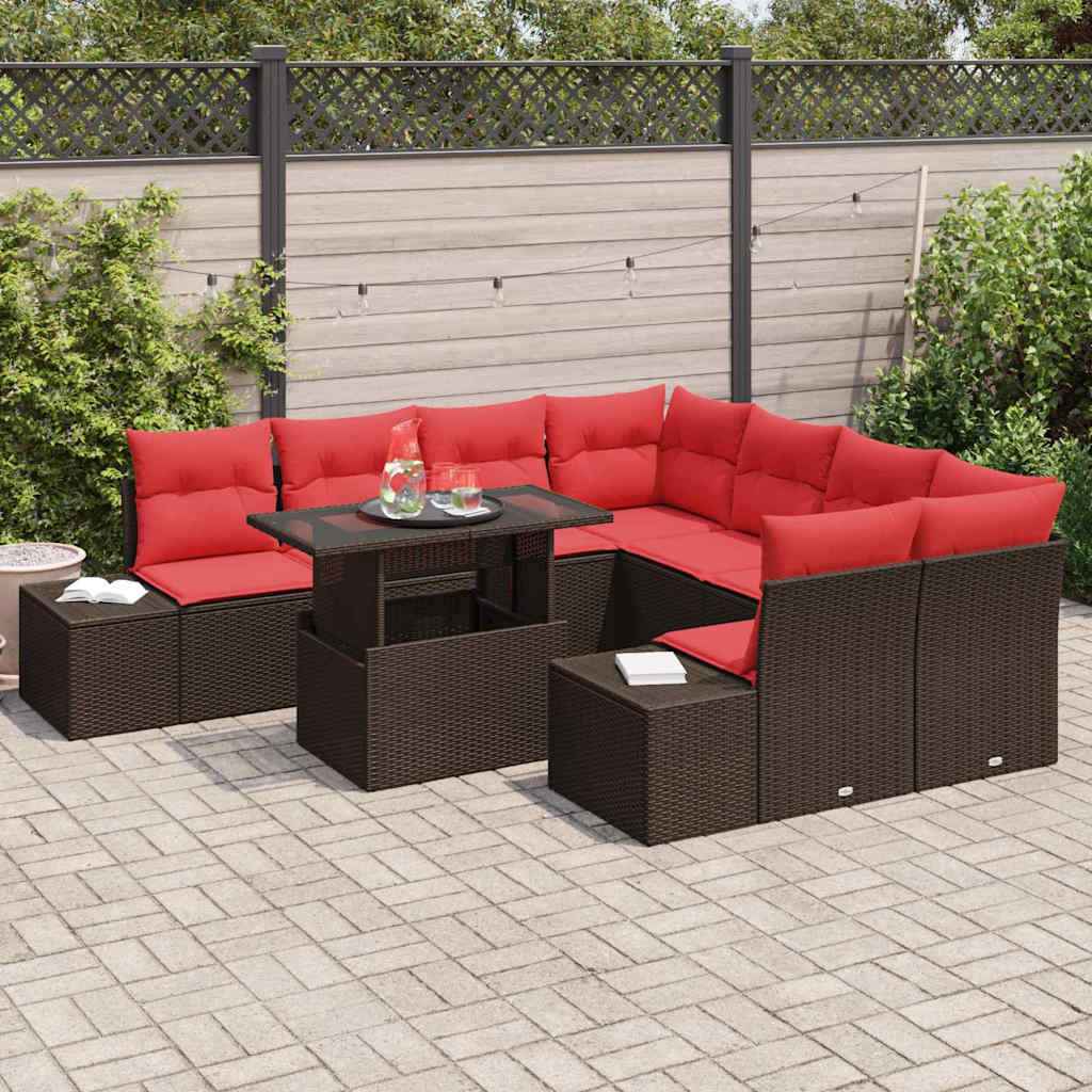 vidaXL Tuin Sofa Set met kussen 9 pcs Bruin en Rood poly rattan