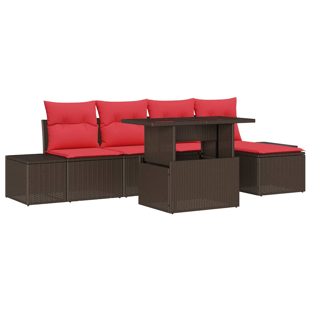vidaXL Tuin Sofa Set met kussen 6 pcs Bruin en Rood poly rattan