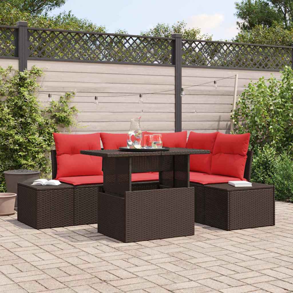 vidaXL Tuin Sofa Set met kussen 6 pcs Bruin en Rood poly rattan