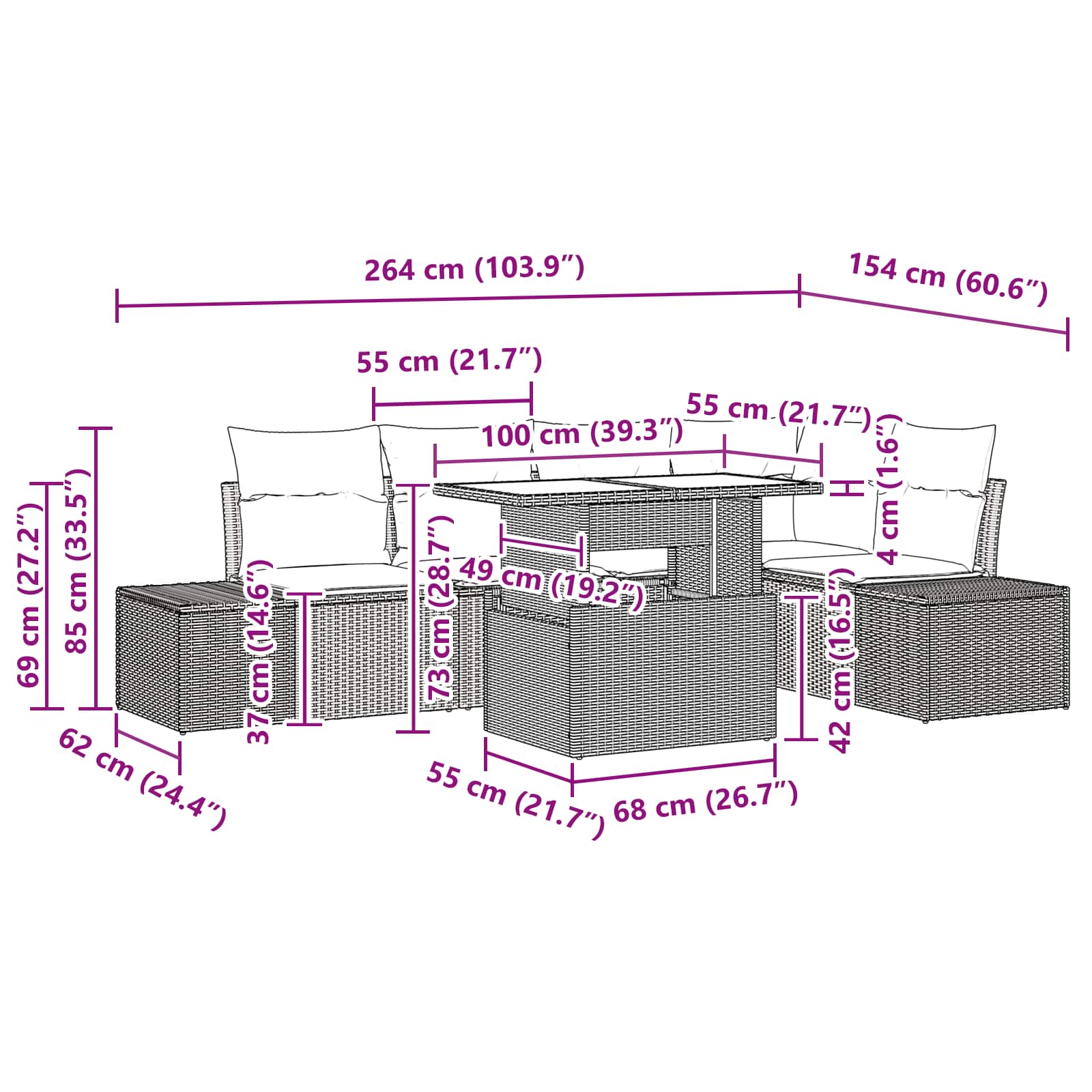vidaXL Tuin Sofa Set met kussen met opslag 6 pcs Bruin en rood