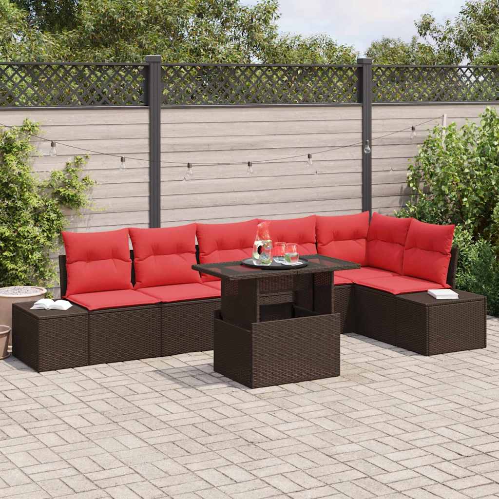 vidaXL Tuin Sofa Set met kussen 7 pcs Bruin en Rood poly rattan