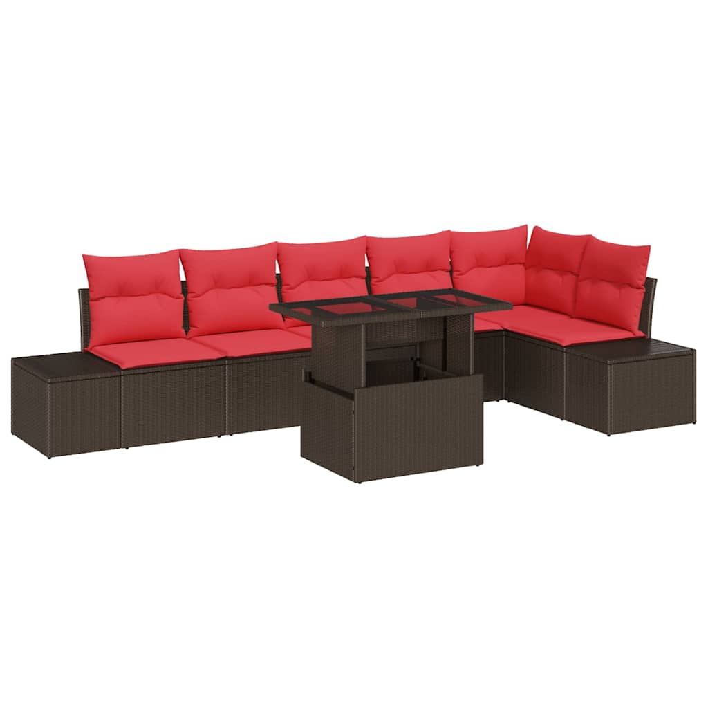 vidaXL Tuin Sofa Set met kussen 7 pcs Bruin en Rood poly rattan